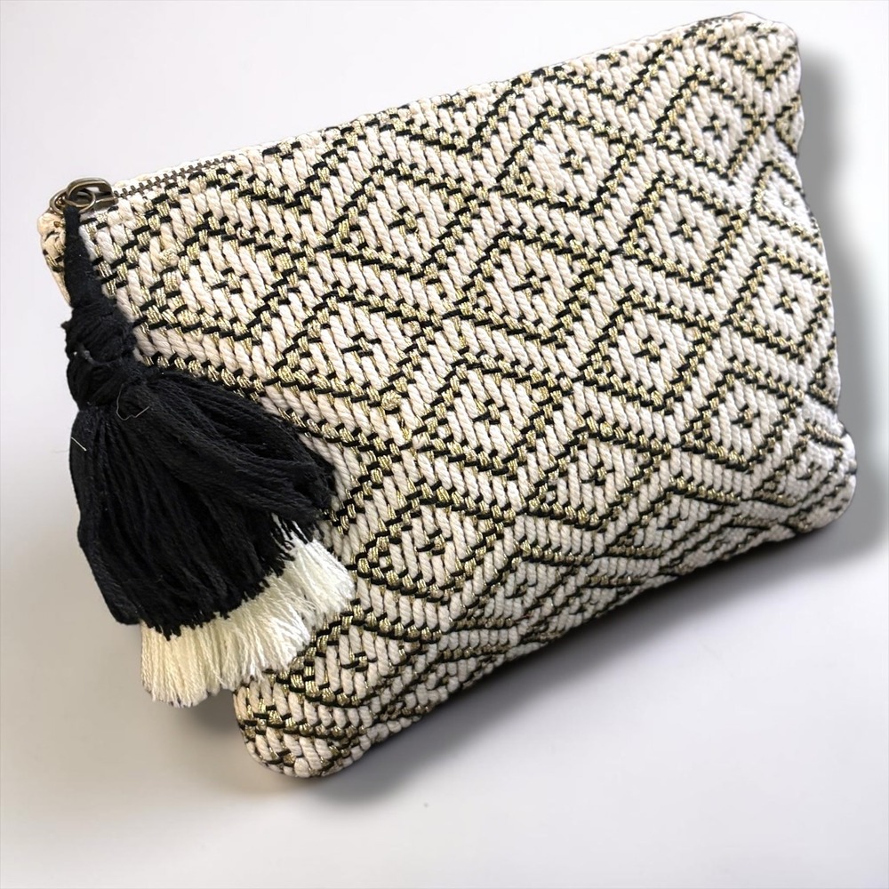 Universal Thread Woven Geometric Tassel Clutch Pouch Cream Black Gold Boho